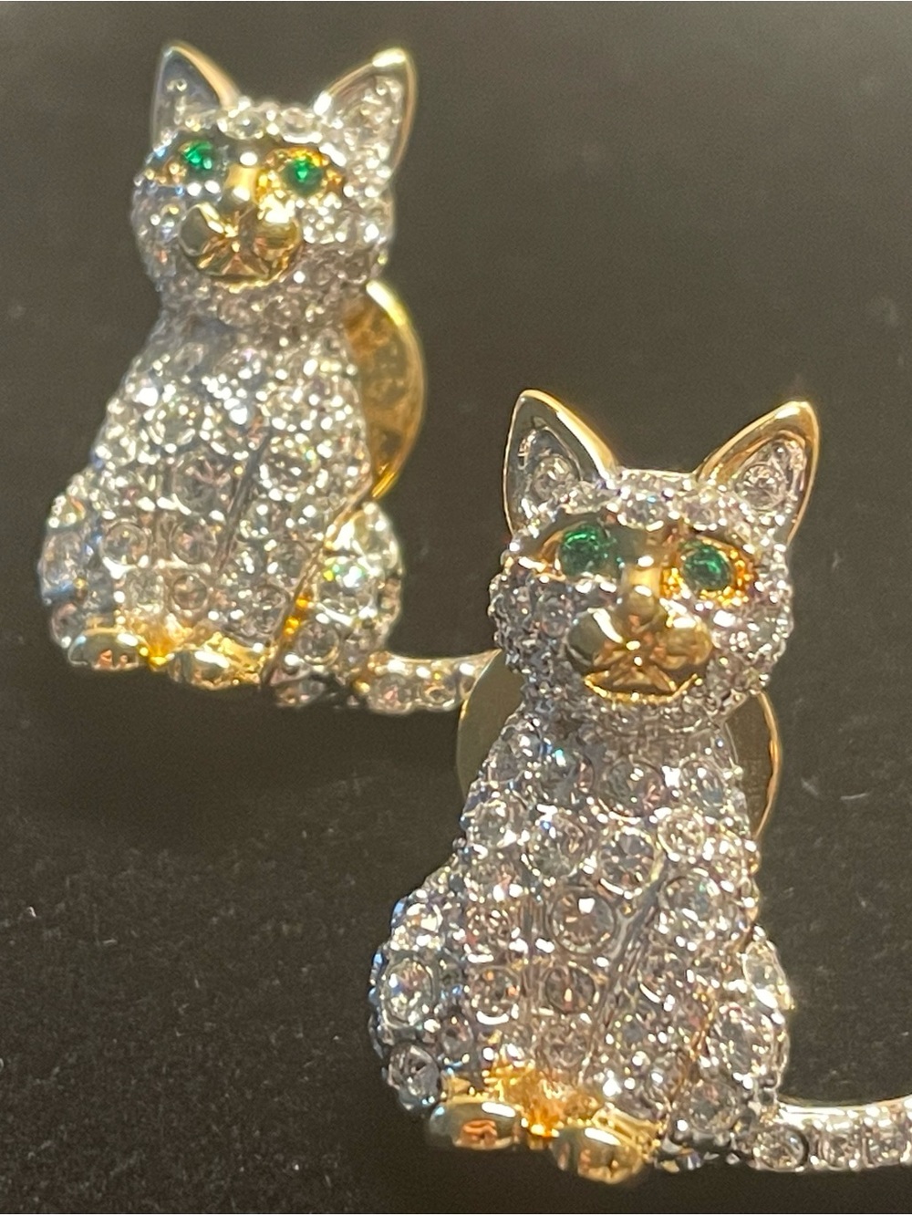Swarovski Crystal Cat Brooches with Clear Crystals and Green Eyes